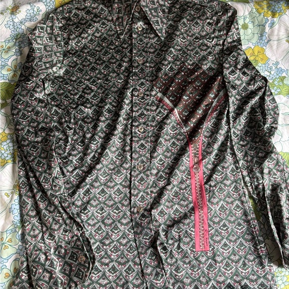 70s Wayne Rogers Shirt Nylon Designer Green Multiprint zipper M Button Vintage - Picture 2 of 8
